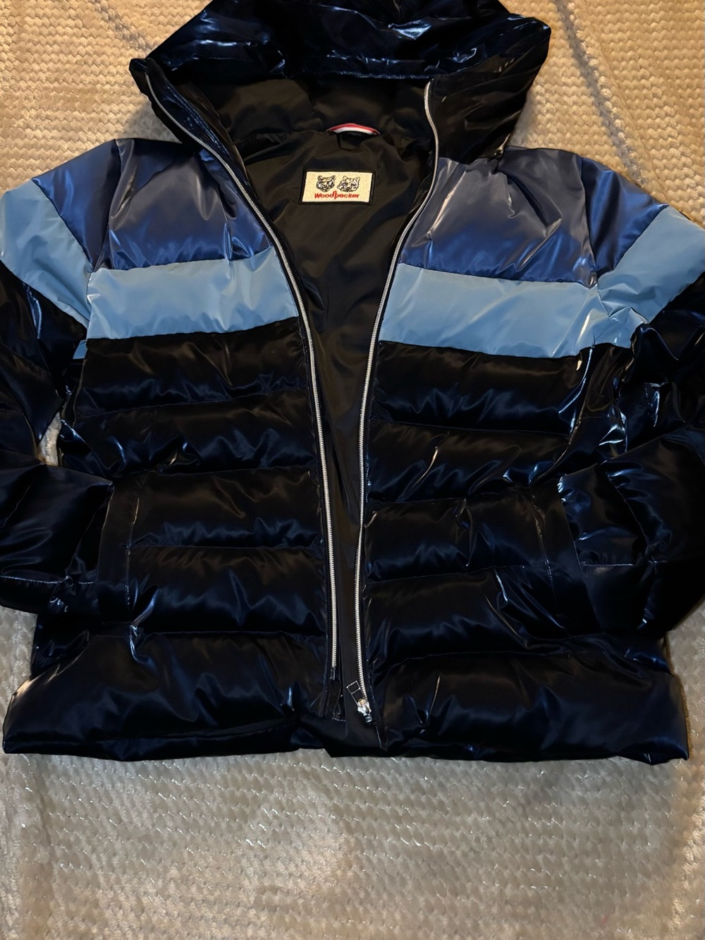 Women's Shiny Black & Light Blue Quilted Puffer Jacket with Hood